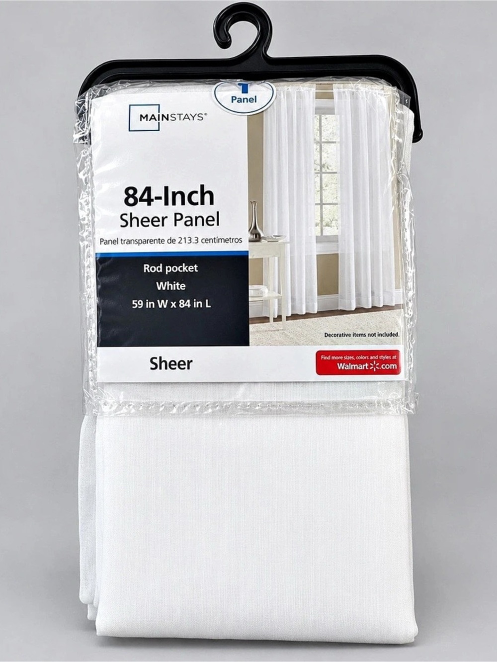 Mainstays 84” Sheer Curtain Panel White Rod Pocket 59” x 84”